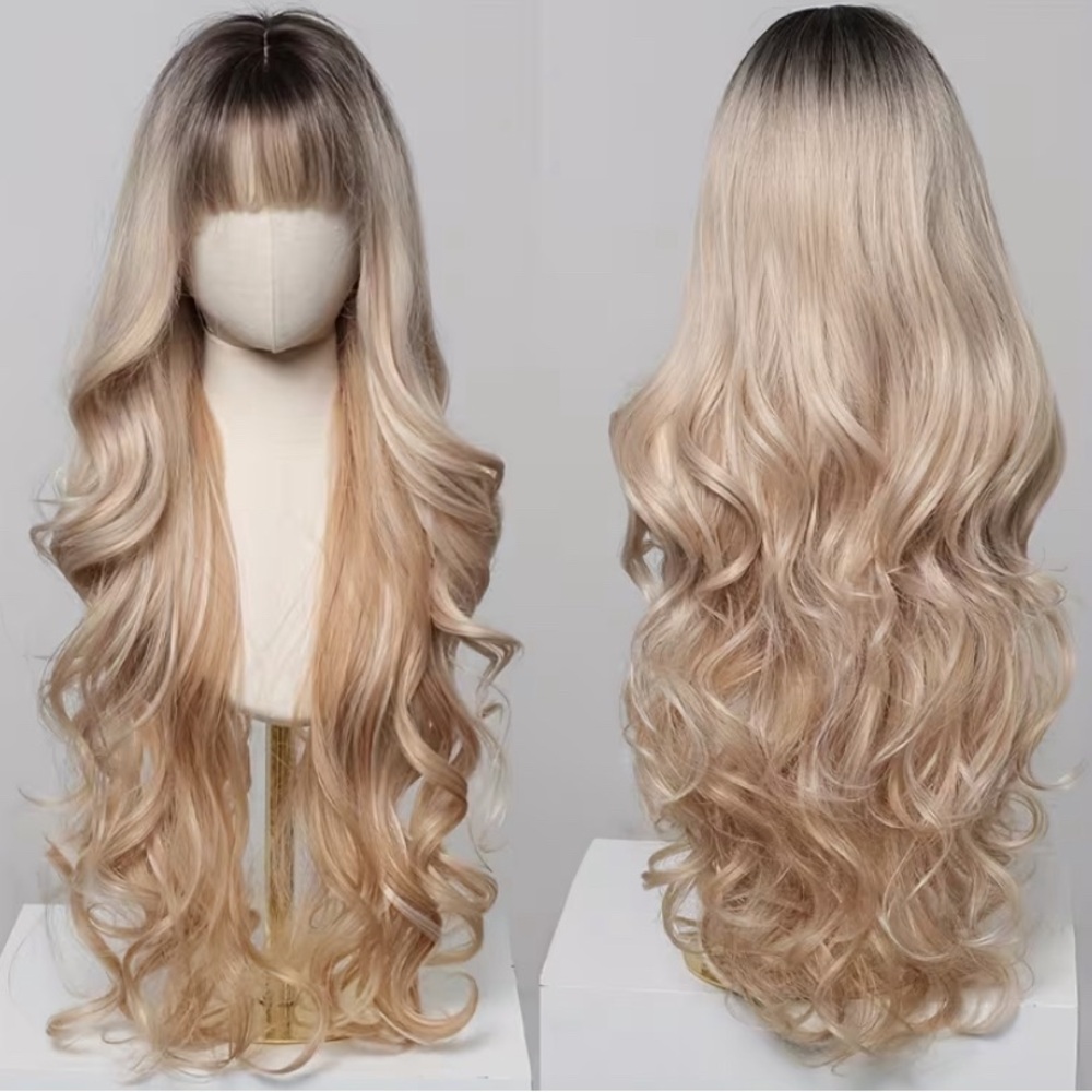 Long Wavy Blonde Ombre Wig with Bangs - Women Hair - Picture 3 of 4